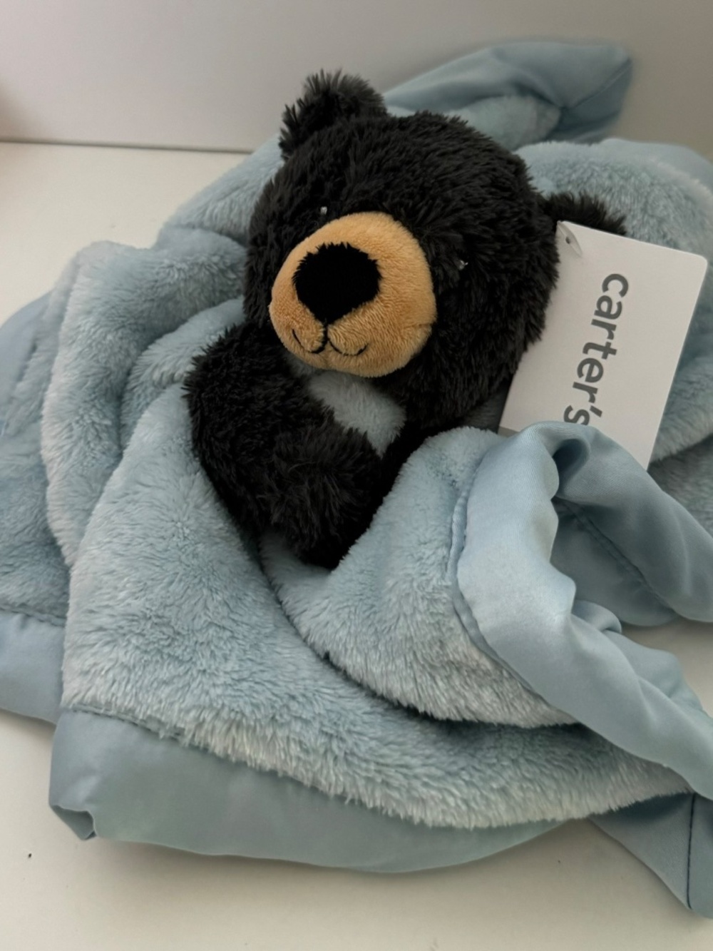 New Carter’s Teddy Black/Brown Bear Blue Security Blanket Lovey Nunu Plush - Picture 2 of 4